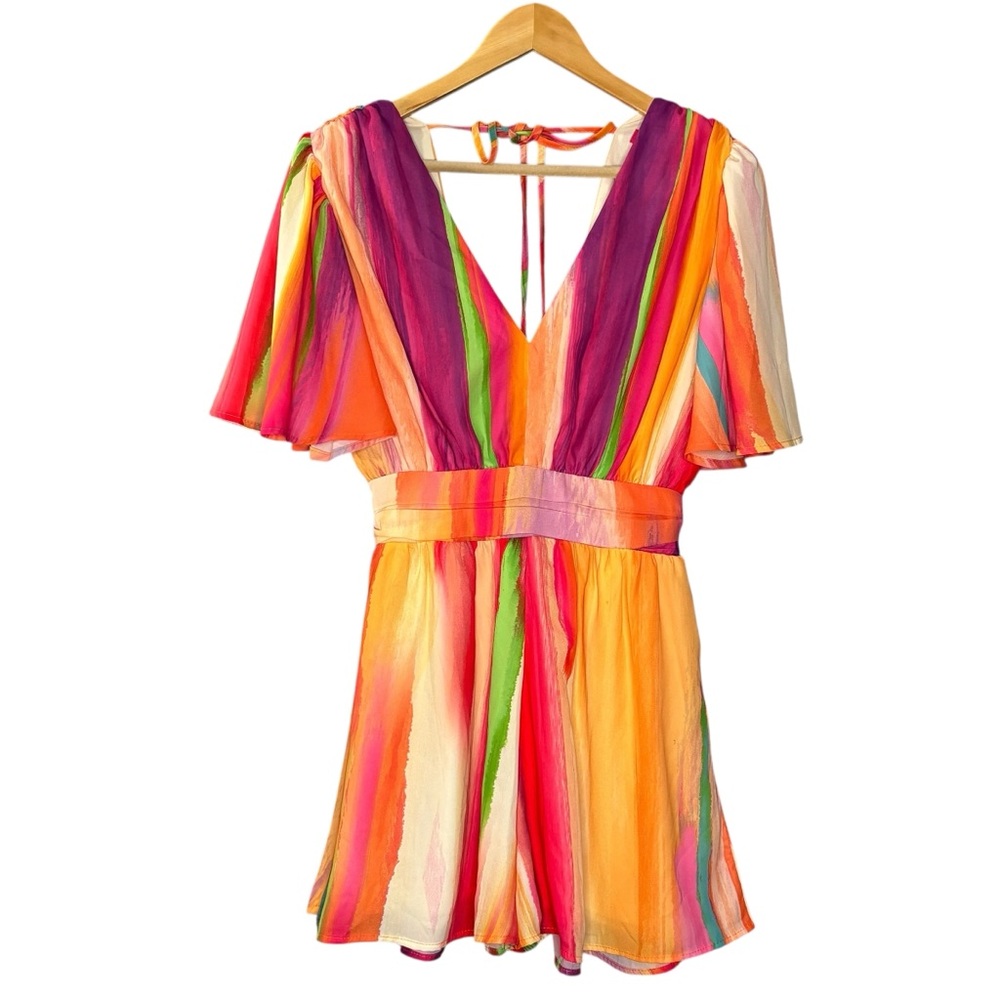 NWT Flying Tomato romper multicolor stripe flutter sleeve tie back size small